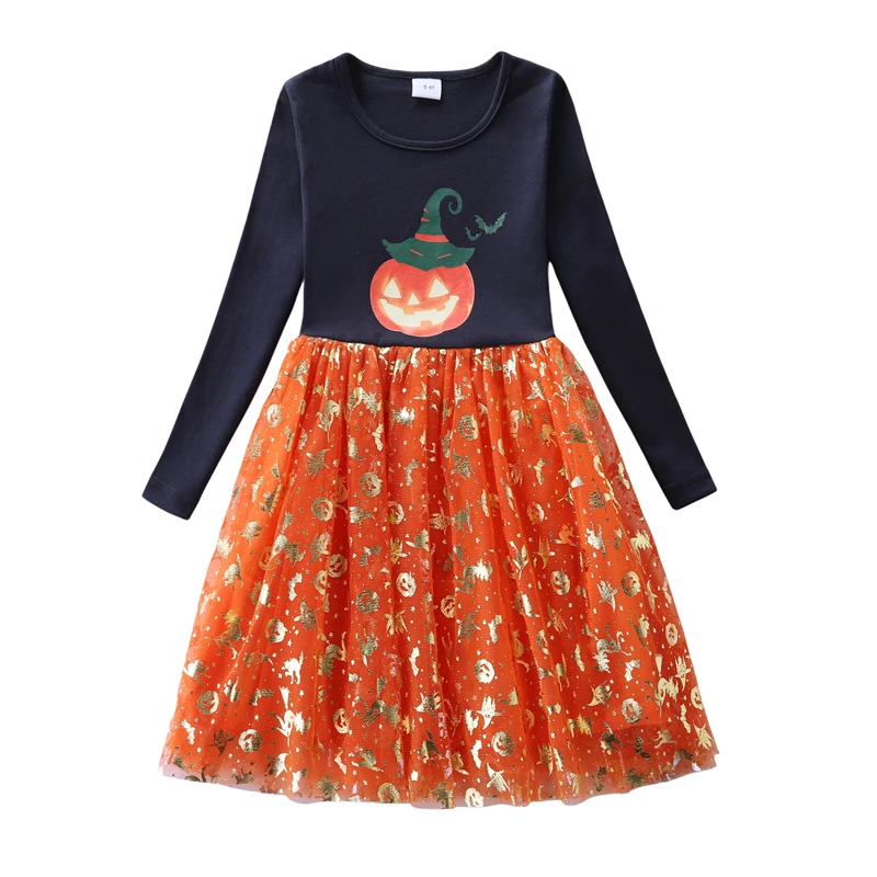 Girls Halloween A-line Princess Dress Long Sleeve Crewneck Pumpkin Print Tulle Patchwork Dress