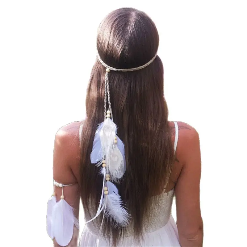 Bohemian Style Indian White Feather Headband Headdress Hair Rope Headwear Tribal Hippie Handmade Hair Accessories for Women 07