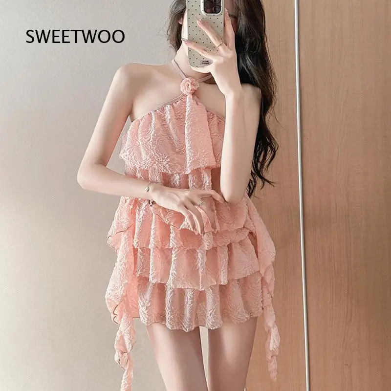 Women One Piece Halter Swimsuit Tiered Ruffle Layered Irregular Hem Textured Fabric Swimwear For Beach Pool Summer Vacation