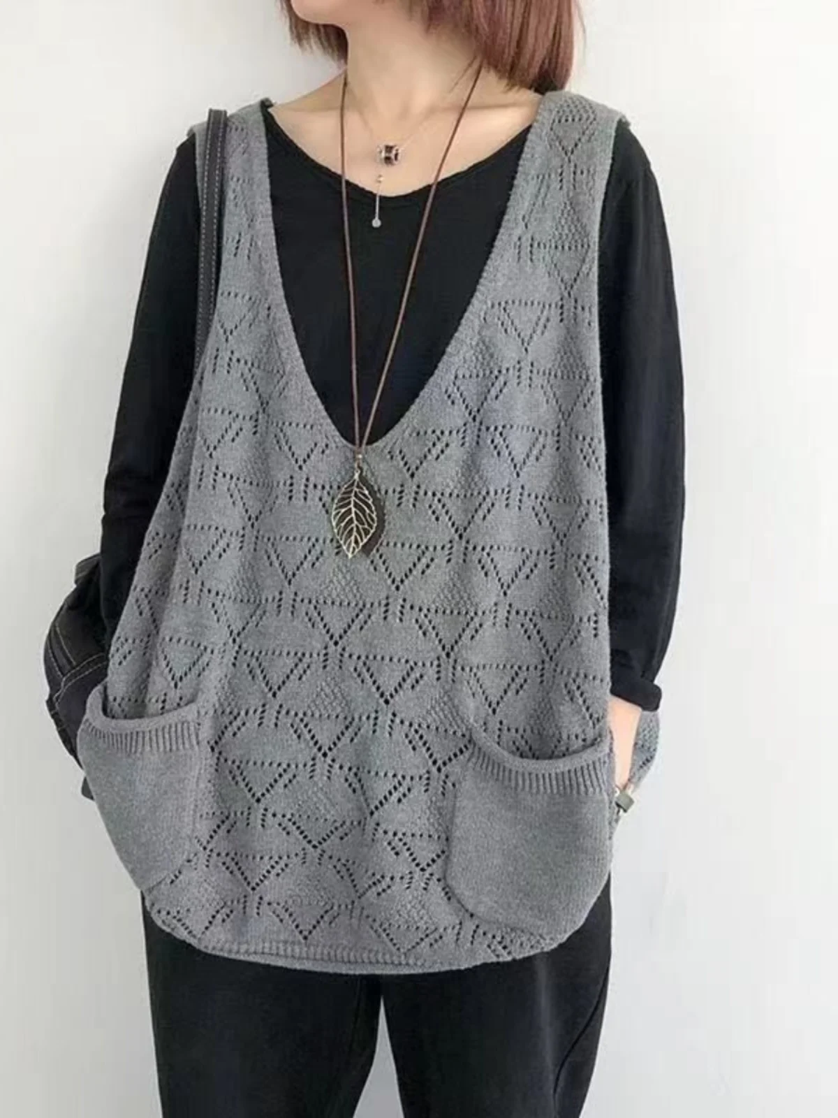 

Свободный вязаный свитер, жилет, женский повседневный ажурный с ромбовидным узором, осень-зима, модный однотонный свитер для поездок на работу