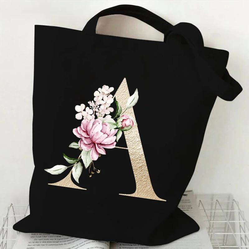 Flower English Alphabet Graphic Women Canvas Shopping Bags Gold Color Lettering A B C D Shoulder Bag Mobile Phone Travel Bags