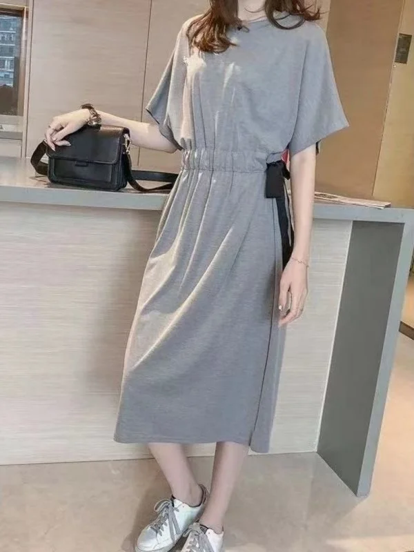 

Платье-футболка в корейском стиле больших размеров, длинная юбка с завышенной талией, длина ниже колена, А-силуэт, для женщин больших размеров, летняя одежда