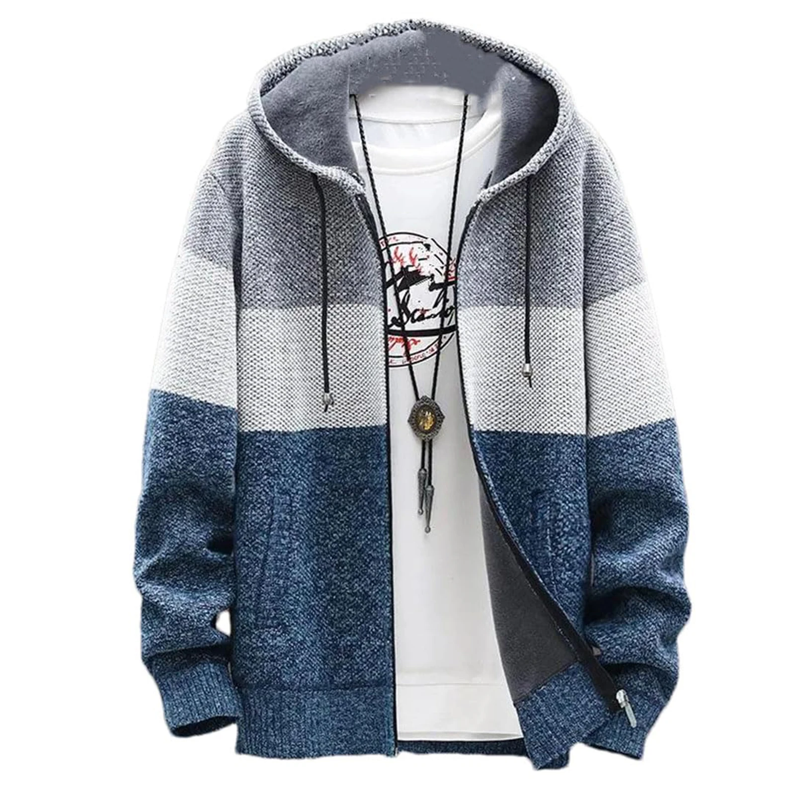 

Мужской корейский модный вязаный кардиган, теплая куртка, повседневная одежда, толстовка на осень/зиму, утолщенный свитер на флисовой подкладке с капюшоном