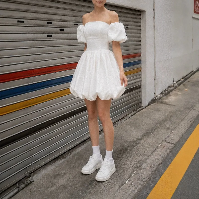 Off-the-Shoulder Puff Sleeve Mini Wedding Dress Custom Color A Line Short Bridal Dress Wedding Reception Birthday Party Gown