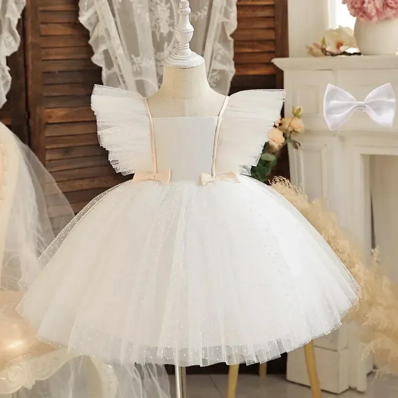 Cute Baby Girl Baptism Dress for 1st Birthday Tutu Gown White Weddings Party Flower Girl Dress for 1-5Y Baby Girl Princess Dress