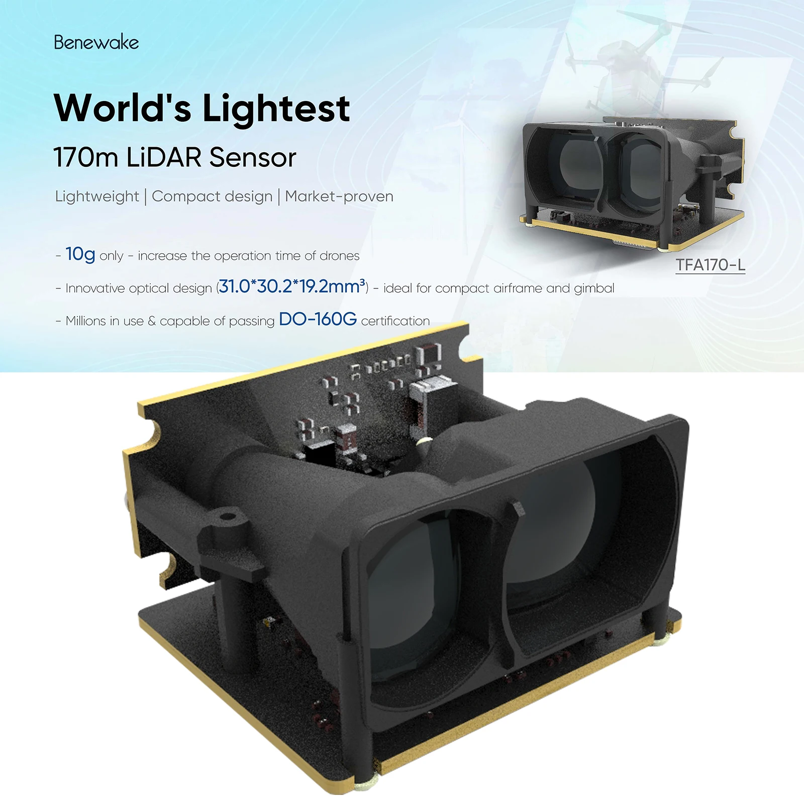 Benewake TFA170-L High-precision 170m Long-range LiDAR Sensor 10g Lightweight Single-point LiDAR for Drones UAVs