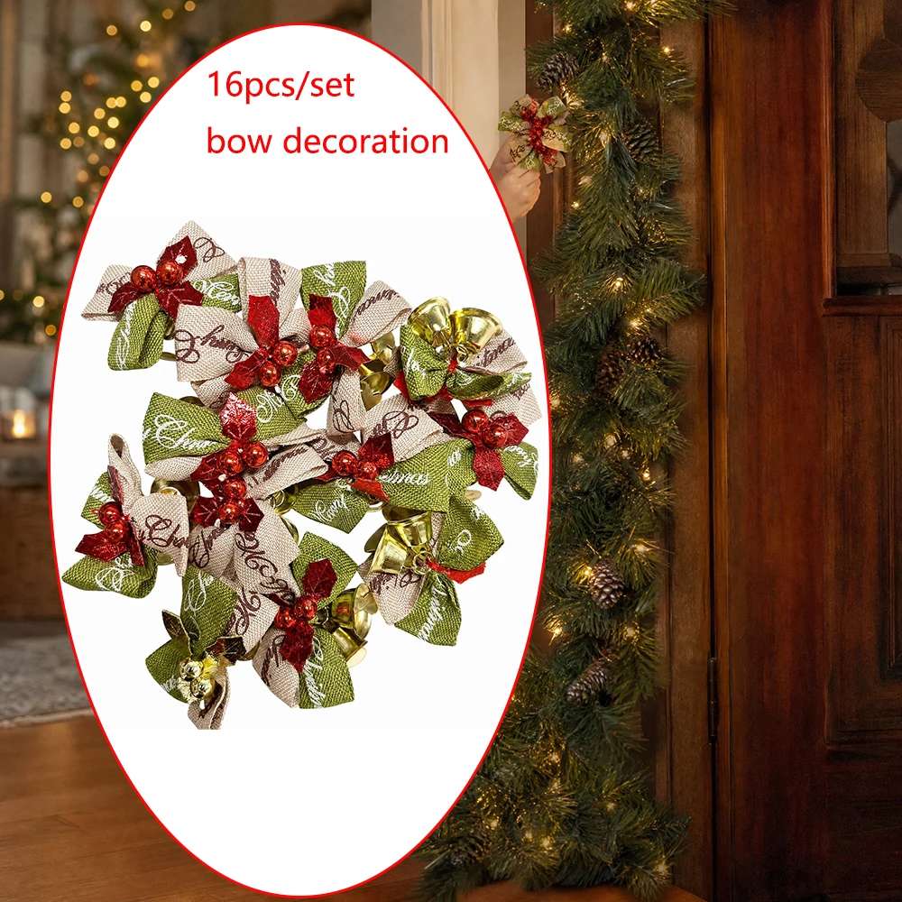 16 Christmas two-tone fabric bows with bells for decoration, hanging ornaments for Christmas trees, adorned with red beads for a visually striking and eye-catching effect. Paired with small golden bells, they make a crisp sound when shaken. Suitable for: Christmas decoration enthusiasts, DIY crafters, and holiday scene decoration professionals