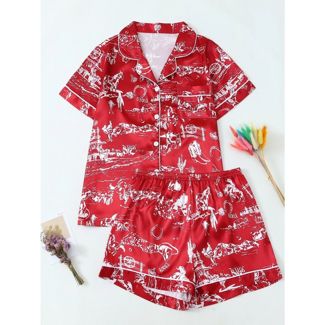 

Red Women's Pajamas Set Western-themed Cowboy Horse Printed Pajamas with Lapels Short Sleeves and Shorts Pants Summer East Gifts