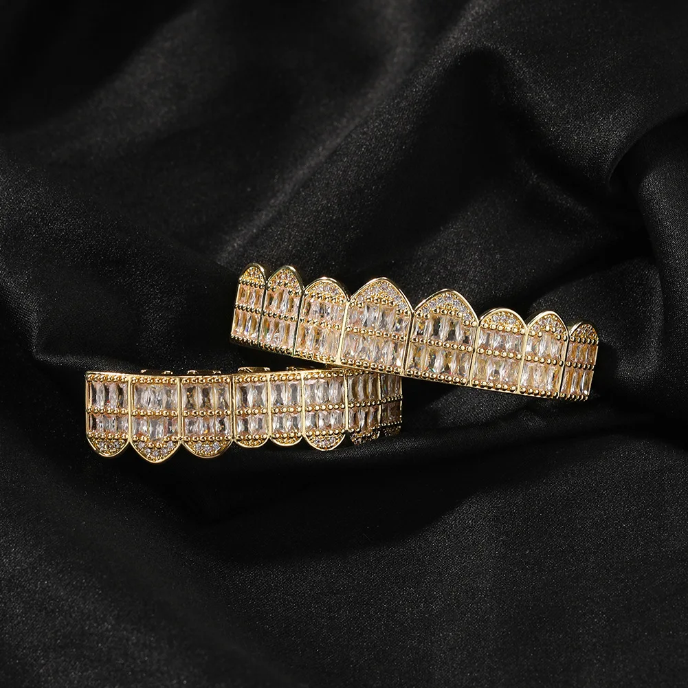 NEW T Shape CZ 8PC Teeth Grillz Top & Bootom Dental Mouth Caps Cosplay Party Rapper Hip Hop Jewelry TG169