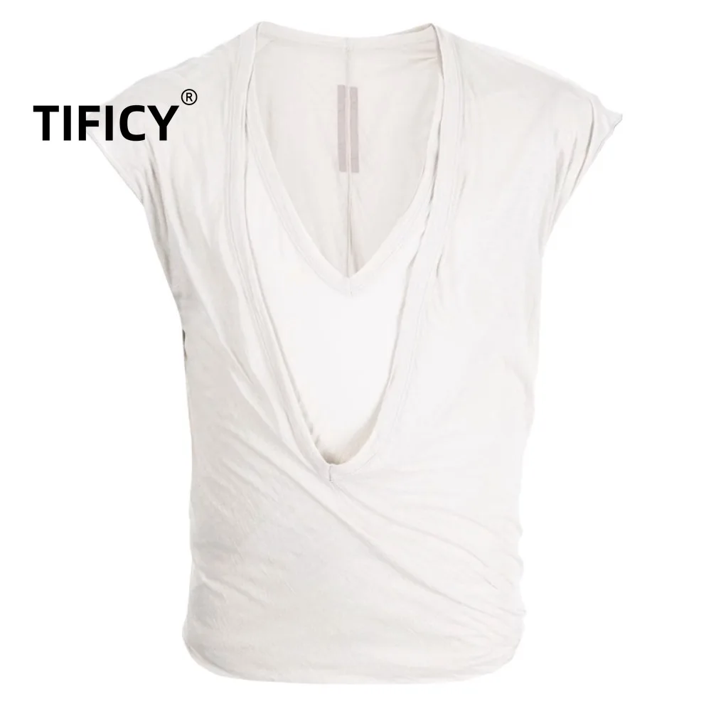 High Street Dark RO Tees T Shirt Men's Mainline Thin Short Sleeved Double-layer Deep V-neck Vest Loose Tank T-shirt Base Top - Image 5