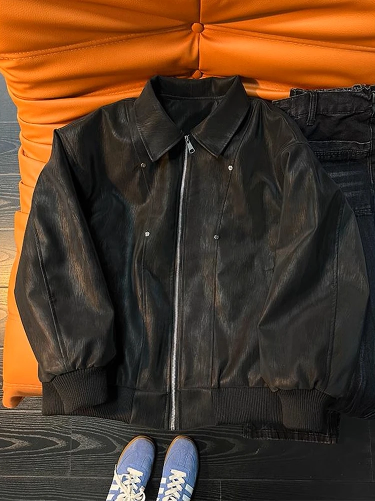 

American High Street PU Leather Flight Jaet Cotton Baseball Coat Thiened Warm Rivet Design Winter Outerwear for Men