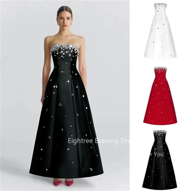 Eightree Shiny Beading Black Evening Dresses Strapless Rhinestone A Line Prom Gowns Ankle Length Crystal Celebrity Party Robe