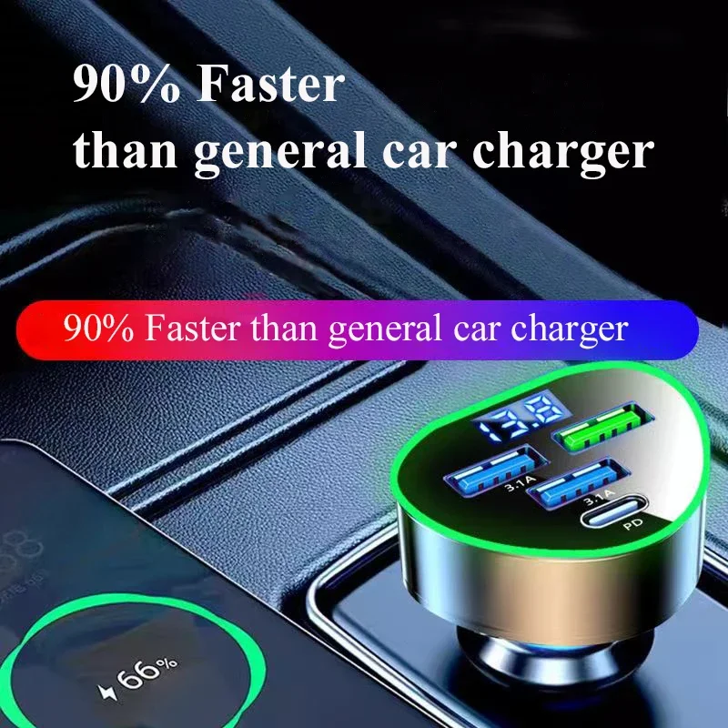 Car Phone Charger USB Type C Super Fast Charge in Car with LED Voltage Monitor for iPhone Samsung Huawei Oneplus Vivo Oppo