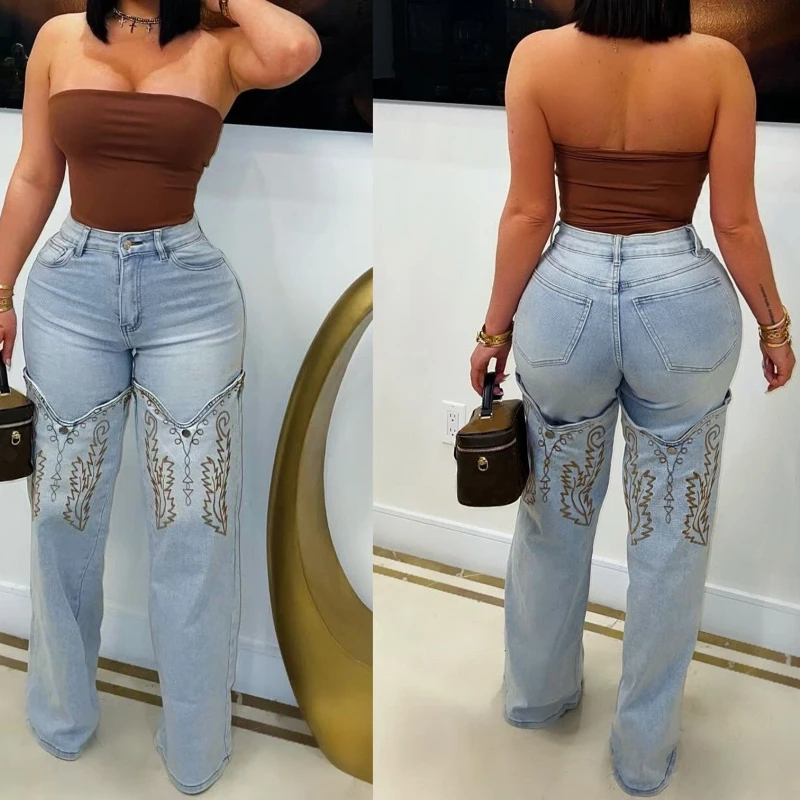 Women Denim Pants Retro Wide Leg Embroidery Jeans Straight Leg Trousers 2025 Fashion Summer Casual Lady Street Long Trousers