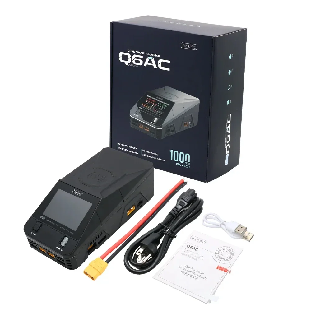 ToolkitRC Q6AC 充電器 AC 400W/DC 1000W 4CH出力 内蔵65W USB出力 15Wワイヤレス充電器 LiPo NiMH PBバッテリーモデル対応