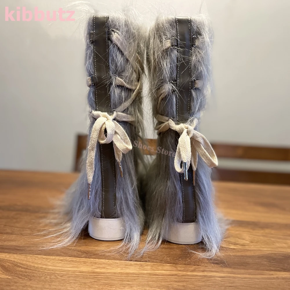 Faux Fur Mid Calf Boots Furry Winter Warm Lace-Up Platform Round Toe Height Increasing Fashion Novelty Concise Sexy Women Shoes