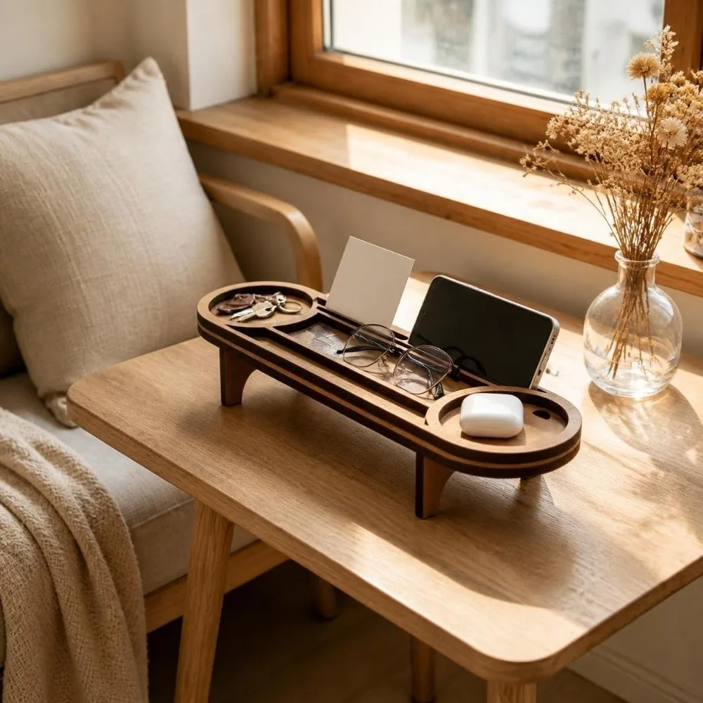 Brown Wooden Desk Organizer Wood Multi-Compartment Desk Storage Rack Pen Slot Cup Holder Desktop Sundries Organizer