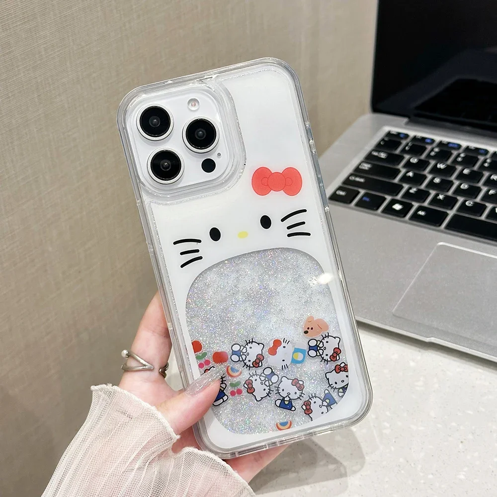 Luxury Quicksand Kawaii Hello Kitty Transparent Phone Case for IPhone 16 15 14 13 12 11 Pro Max Drop-resistant Back Cover Funda