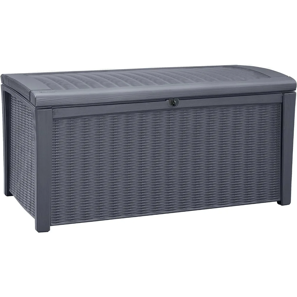 

110 Gallon All Weather Weatherproof Rattan Wicker Plastic Backyard Patio Porch Garden Organization Storage Deck Box Bench, Grey