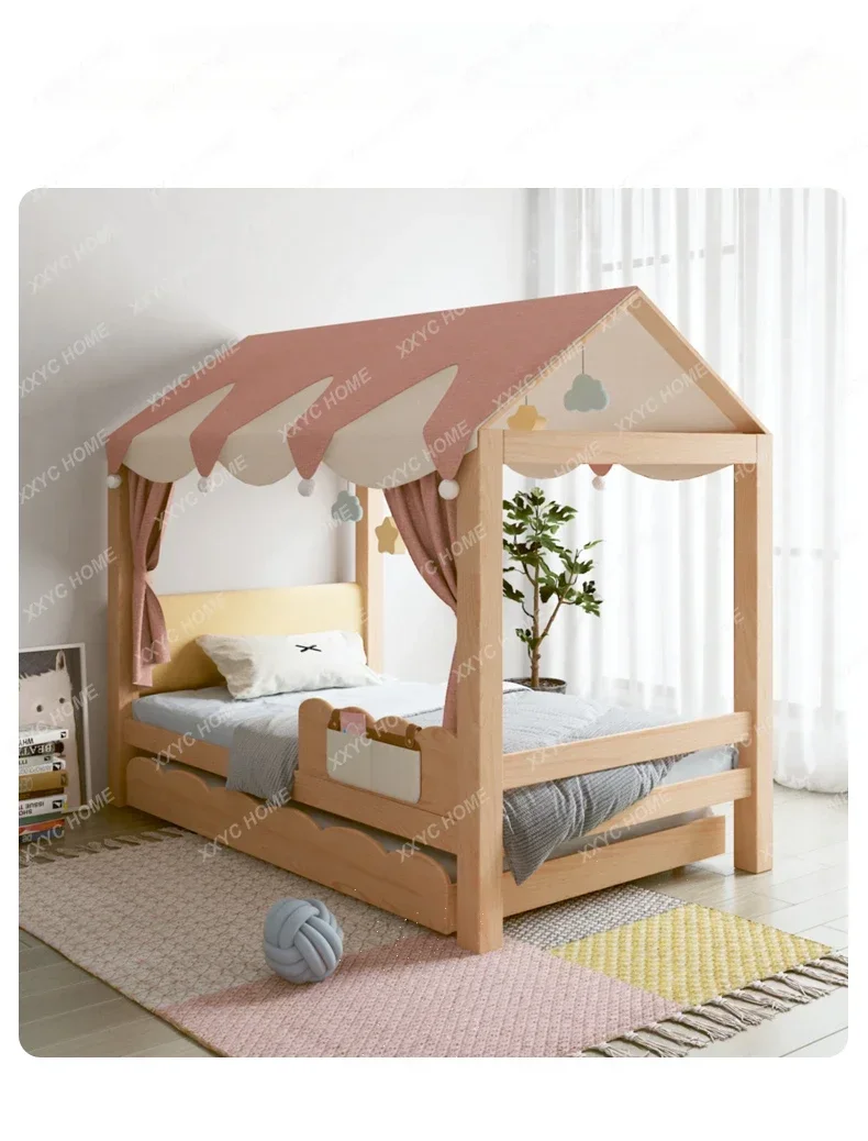 Children\'s Bed Girl\'s Bed Wooden House Bed Bunk Bed with Fence Boy\'s Solid Wood Tent Princess Bed