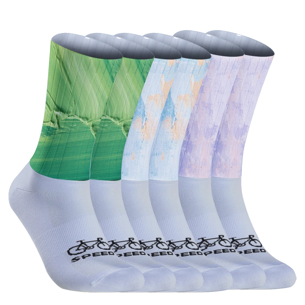 

2026 Новая онлайн картина маслом текстура картина маслом стиль синий фиолетовый зеленый три цвета длинные велосипедные носки-трубы