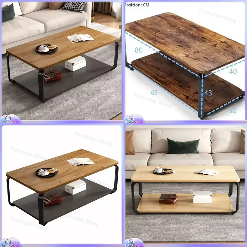 

2 Layer Industrial Coffee Table Set with Steel Frame and Wooden Top Modern Living Room Furniture for Small Spaces Minimalist