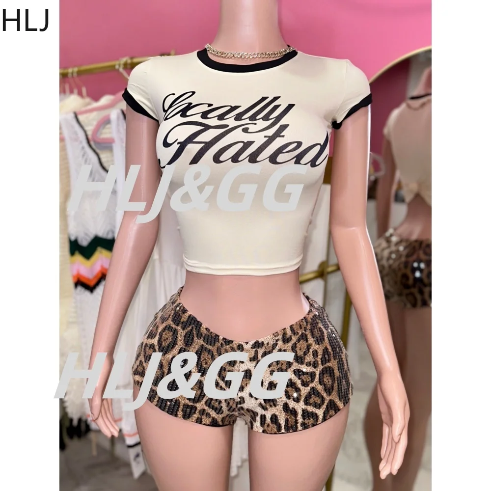 HLJ Y2K Fashion Letter Harajuku Tshirts Two Piece Sets Women Round Neck Short Sleeve Crop Top And Leopard Sequin Shorts Outfits