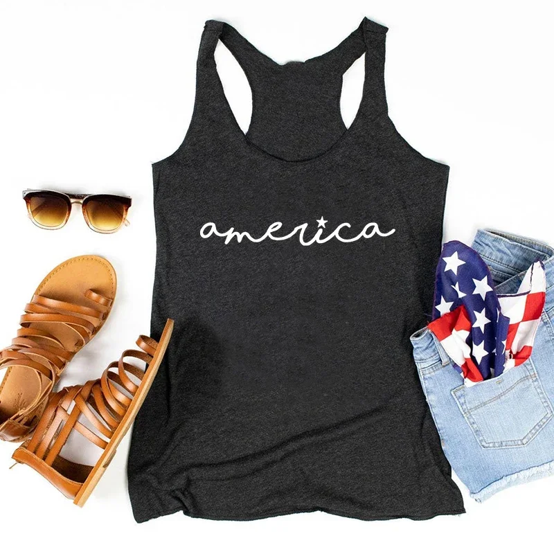 

America Muscle Tank Womens 4th of July Tank Top Cute 4th of July Shirt Casual Womens Clothes Gym Tank Top Letter L