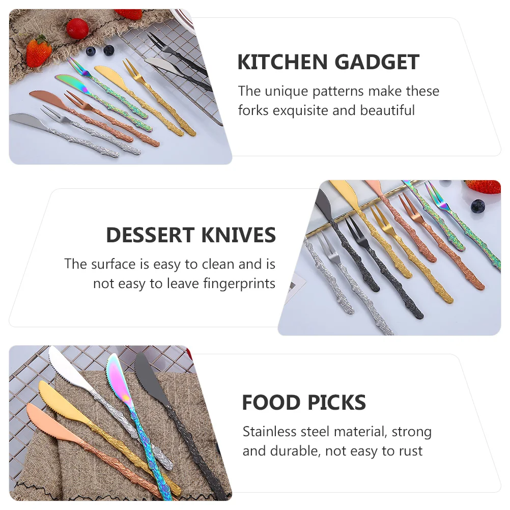 

6pcs Stainless Steel Dessert Forks Fruit Knives Set Assorted Colors Rust Resistant Elegant Patterns Wedding Party