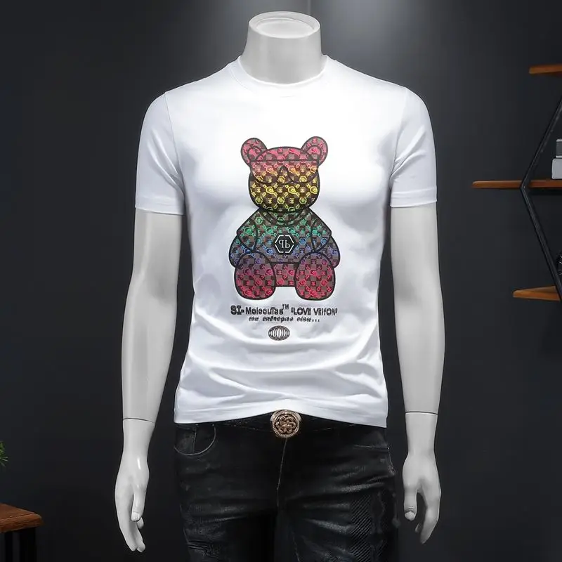 Men's trendy teddy bear print summer silk cotton short sleeved T-shirt round neck slim fit half sleeved base shirt