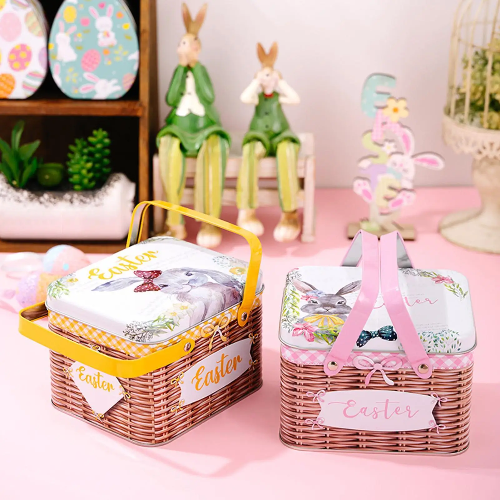 Cestas de Pascua, contenedor metálico con tapa y asa, recipientes para almacenar dulces para fiestas, chocolates, regalos navideños