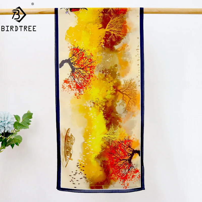 

Birdtree 100%Real Silk Landscape Printing Scarf Women 2024 Spring Autumn Fashion Luxury Scarf Mom's Gift 2024 Spring A41143QM