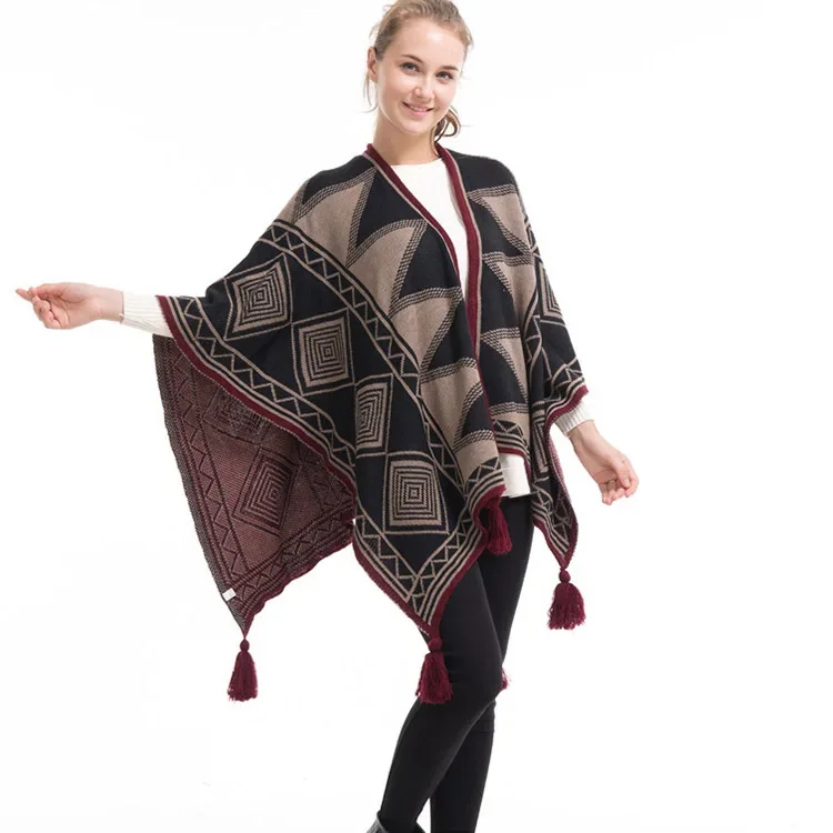 

Spring Autumn Geometric Pattern Tassel Cape Knitted Cardigan Fashion Street Poncho Lady Capes Khaki Cloaks