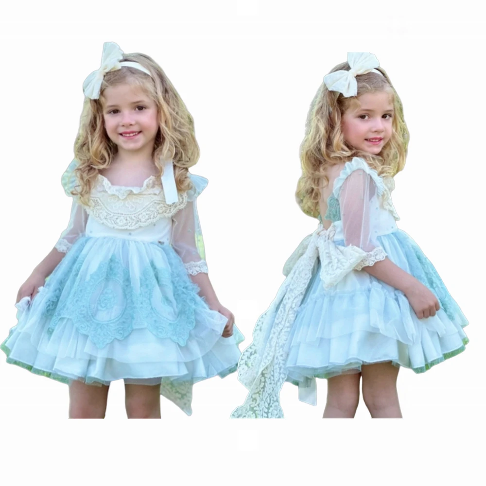 Lovely Summer Blue Flower Girls Dress Vintage Lolita Princess Ball Gown for Kids Birthday Gift Communion Wedding Dresses