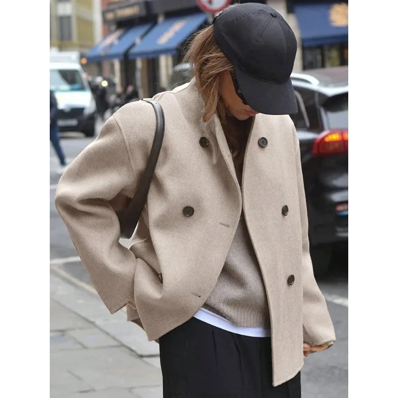 

Double-breasted solid-color woolen coat jacket casual temperament versatile top women