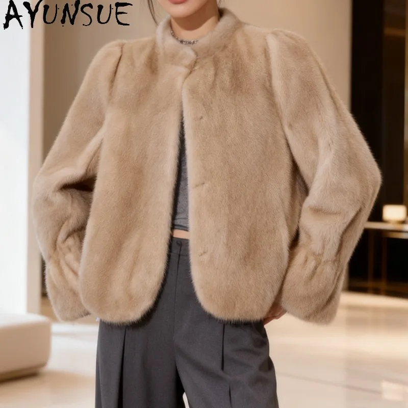 

Женская шуба из натурального меха норки AYUNSUE: роскошная зимняя короткая меховая куртка, стильная верхняя одежда с длинными рукавами, женская одежда Fourrure