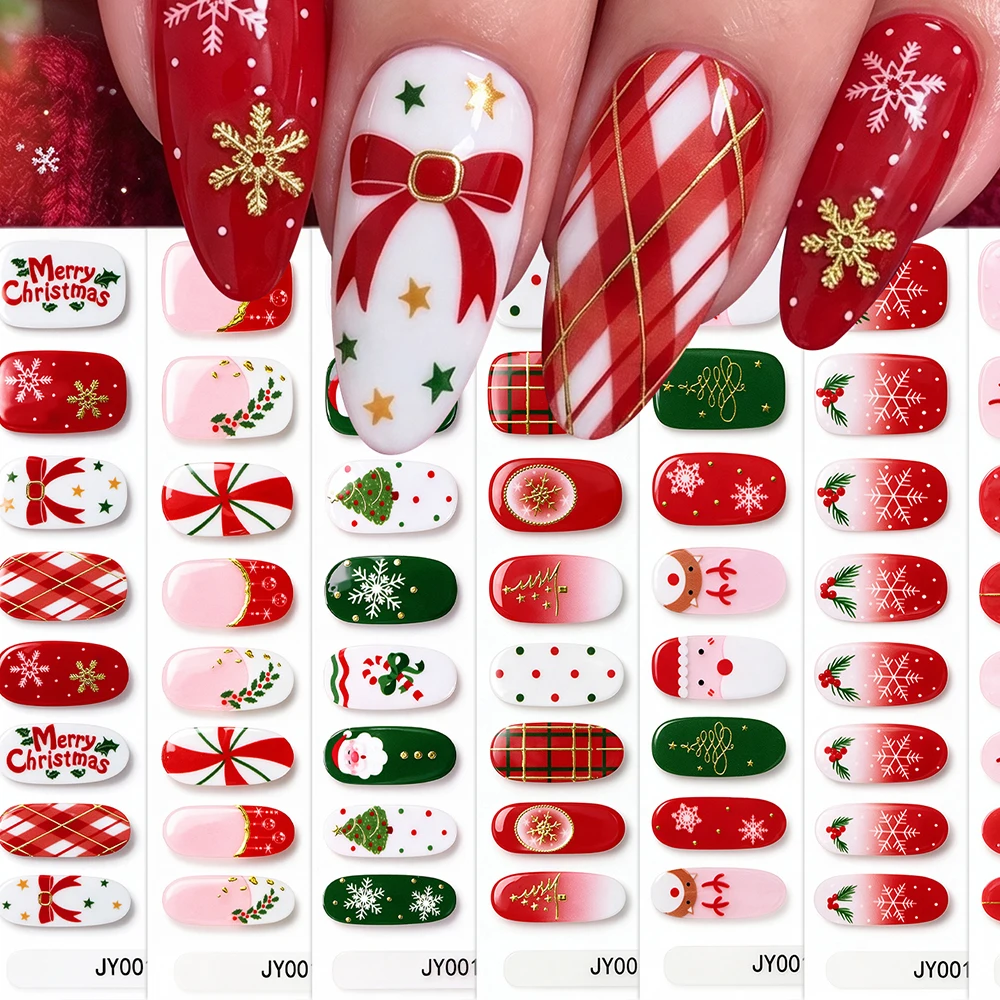 16Tips Red Green Christmas Nail Sticker Cute Santa Claus Elk Xmas Tree Snowflakes Self Adhesive Decals New Year Full Wraps