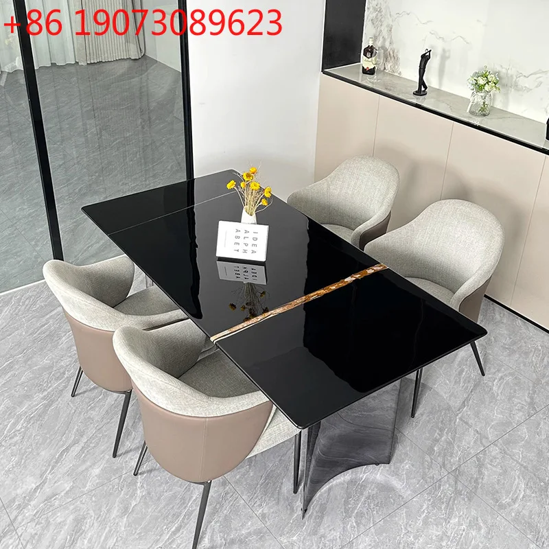 

Imported Lauren black gold natural marble dining table new light luxury high-end luxury stone dining table rectangular table