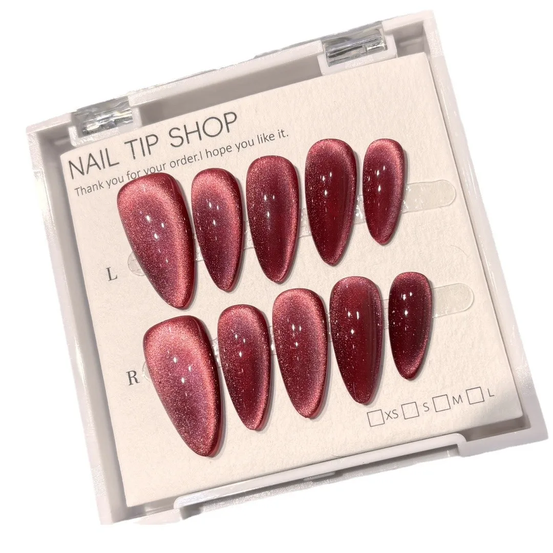 Handmade Pure Color Fake Nails Cat Eye Red Acrylic Nails Press Ons with Sticky Tabs Beautiful false Nails with Box and Tools