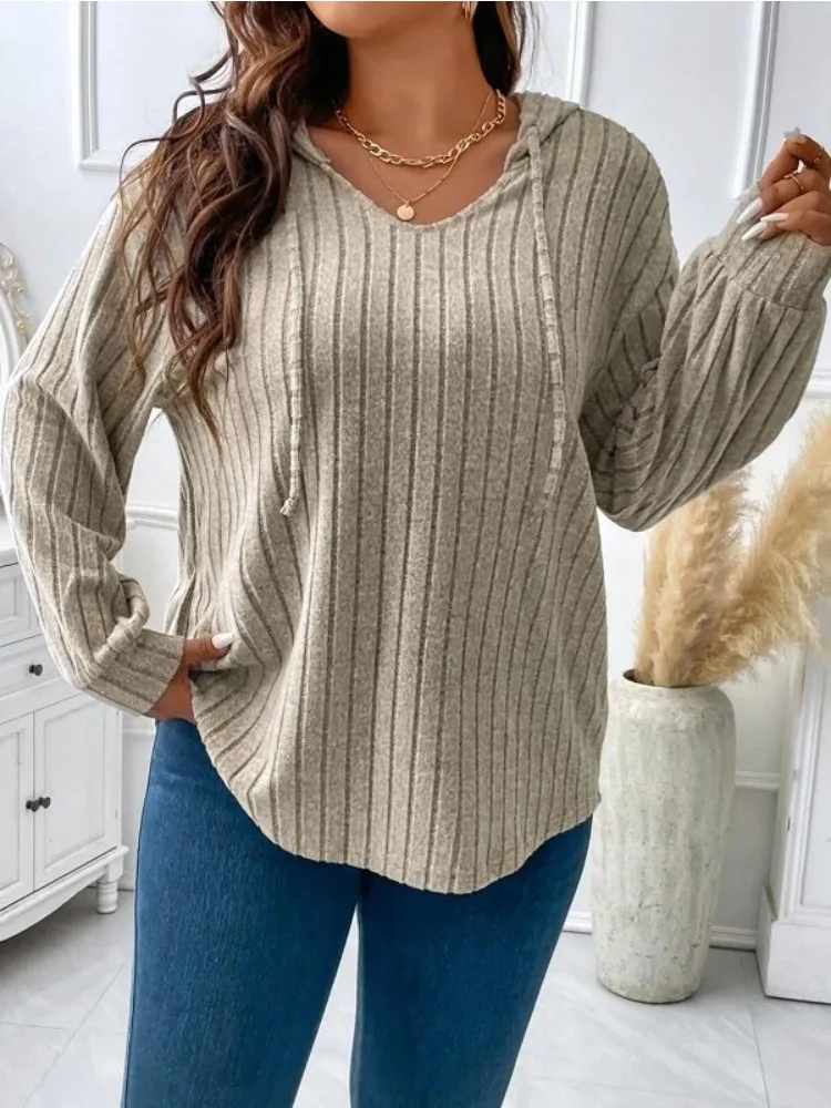 Women Fall Casual Ribbed Knit Hooded Pullover V Neck With Drawstring Long Sleeve Curved Hem Loose Fit Basic Tunic Shirt Tops