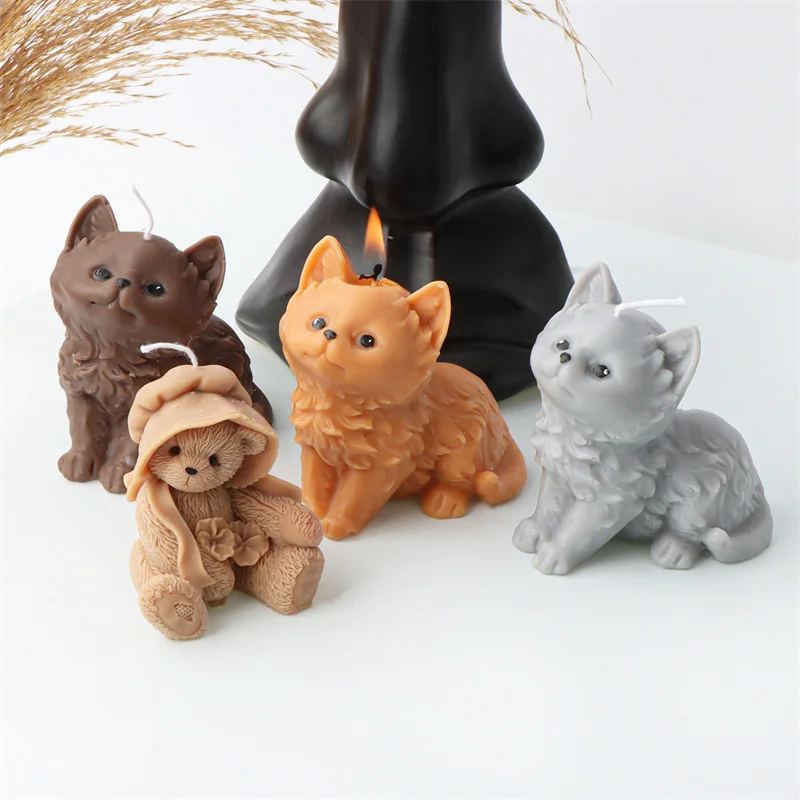 Lovely Bear Cats Silicone Candle Mold DIY Animal Shape Aromatherapy Gypsum Soap Chocolate Fondant Baking Mould Home Decor Gifts