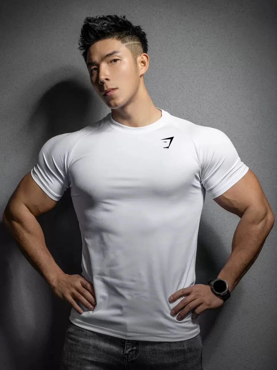 GYMSHARK Fitness Short Sleeve 2026 New Foreign Trade Muscle Sports Tight T-shirt Printed Elastic Quick Drying T-shirt