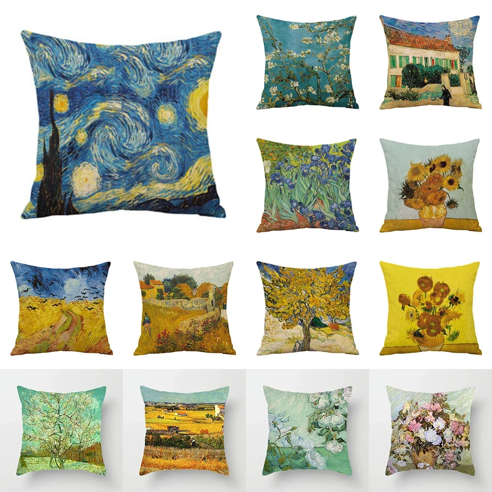 

Van Gogh Painting Pillow Case Home Decor Linen Cushion Cover for Sofa Aesthetic Pillow Cover Star Night Sunflower Self-portrait