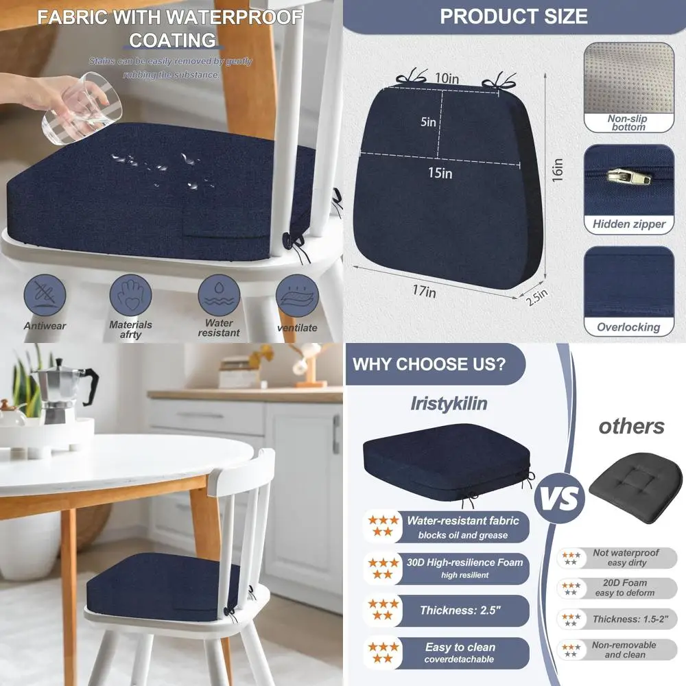 

6-Pack Waterproof Dining Chair Cushions, 17x16x2.5 Thick, Easy Clean with Ties & Non-Slip Backing