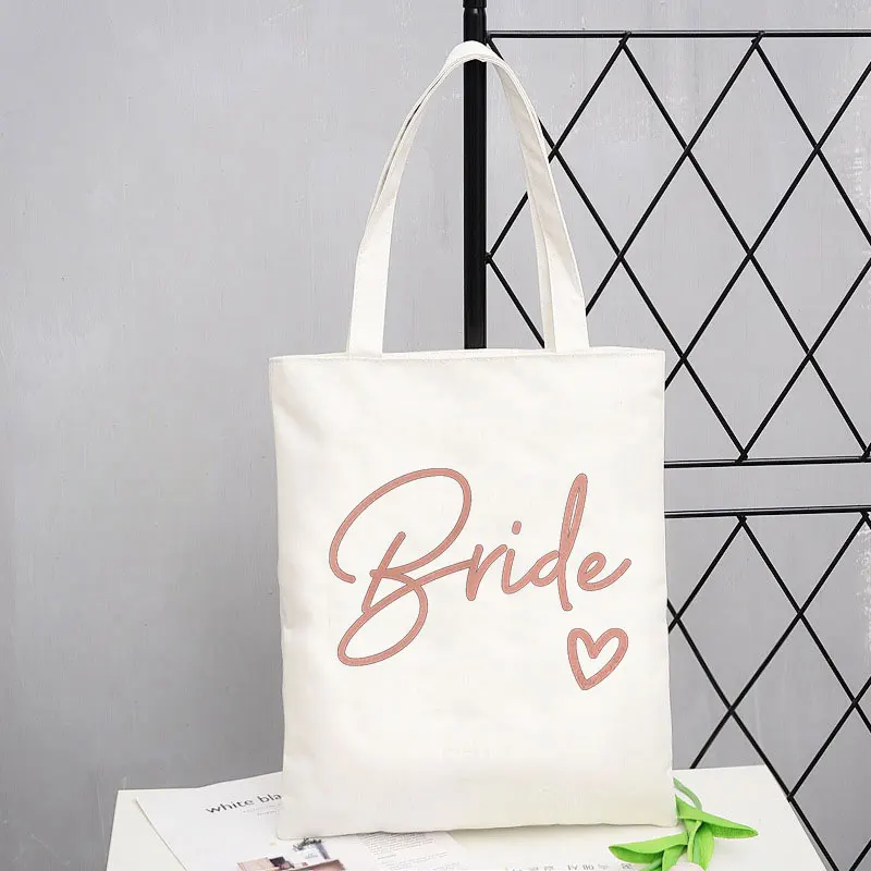 Team Bride Printed Pink Font White Canvas Environmental Shopping Bag High Quality Women\'s Casual Large Handbag Washable Tote Bag