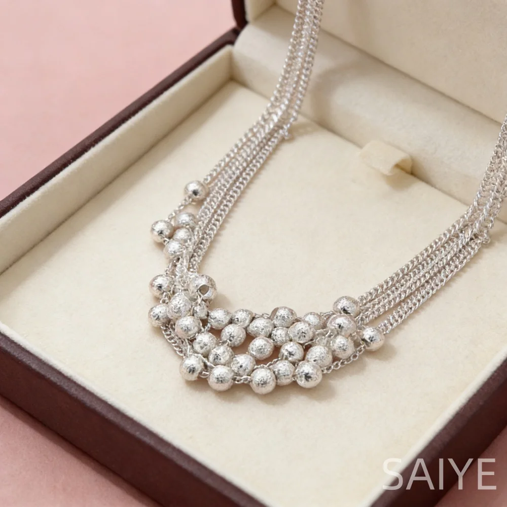 

Многослойное ожерелье из серебра 925 пробы с бусинами - текстурированный кулон-шар, модное эффектное украшение для женщин