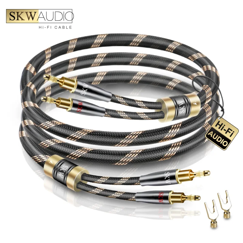 SKW-Cable de altavoz de Audio HIFI de alta gama, 1 par, Cable de altavoz audiófilo con enchufe Banana, chapado en oro de 24K