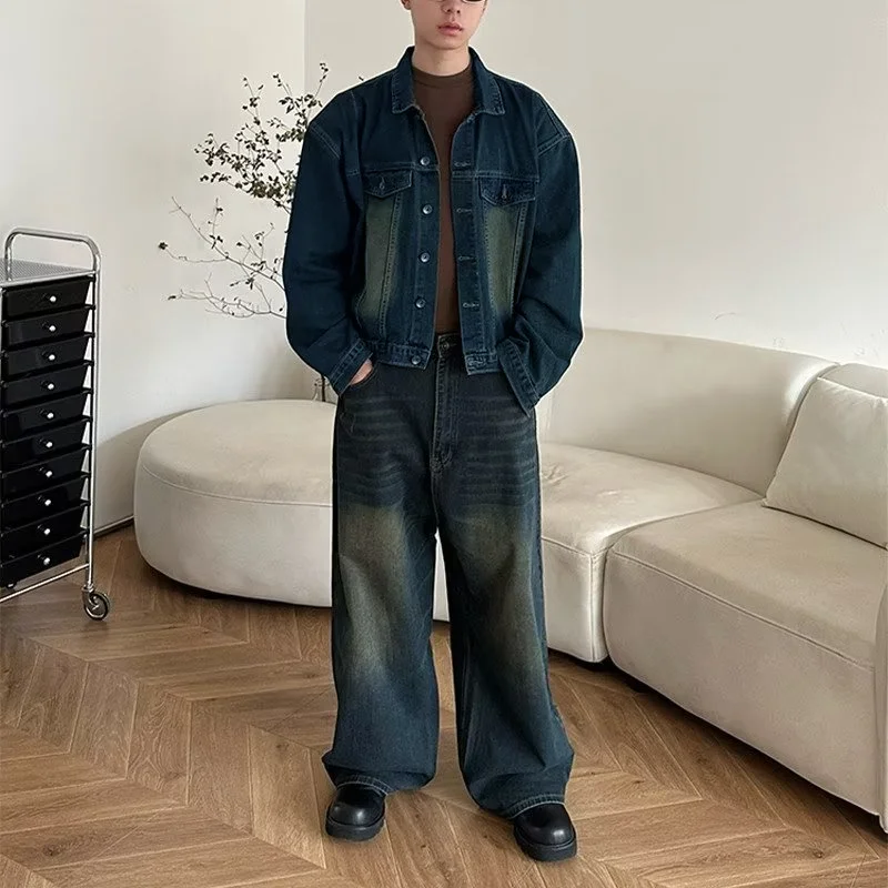 Korean Style Male Jacket Set Denim Solid Color Lapel Denim Coat Wide Leg Straight Jeans Mens Casual Loose Two Piece Suit Unisex