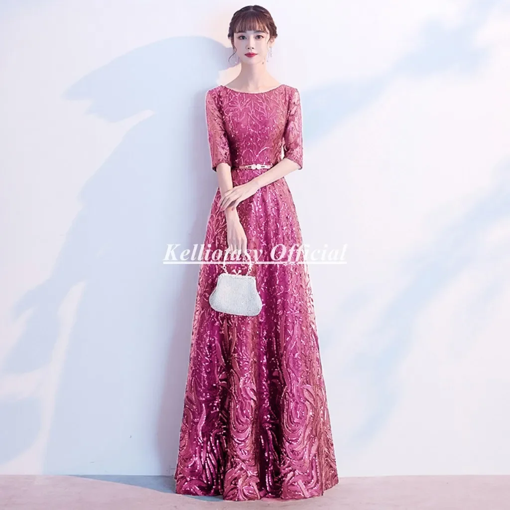

Customized Pink Prom Dresses Luxury With Sleeves Exquisite Lace Woman Party Dress For Special Occasion