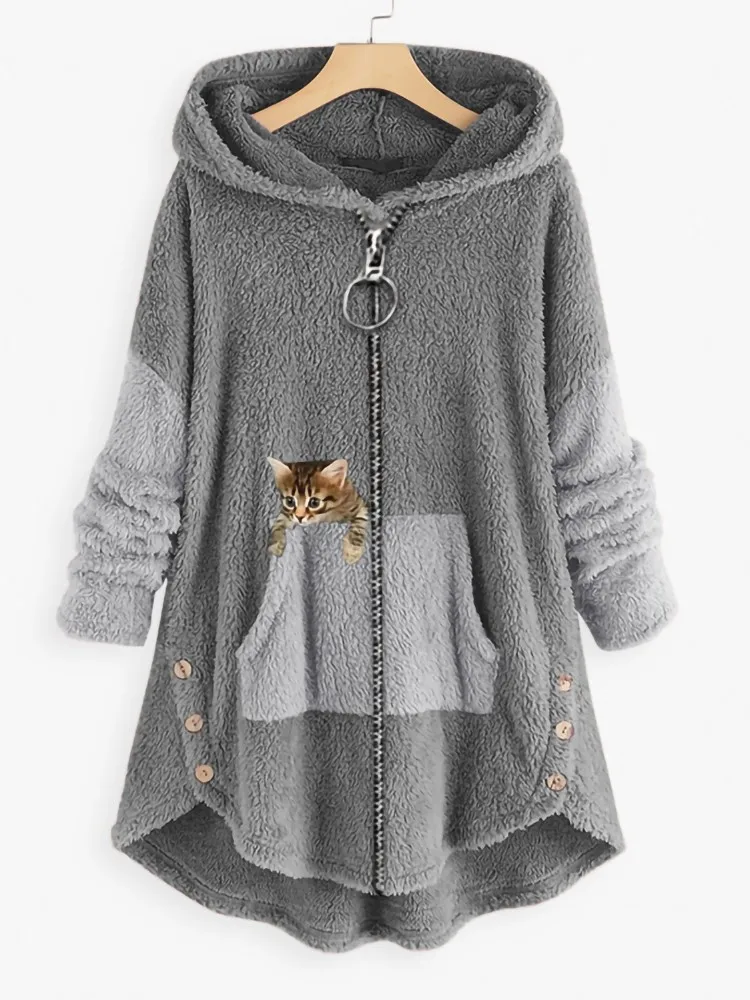 2023 New Cat Print Hoodies Coat Women Autumn Winter Fleece Warm Casual Zipper Sweatshirt Female Streetwear Oversized Hooded Tops